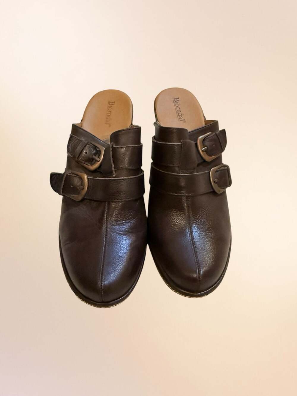 Bjorndal Brown Leather Double Buckle Heeled Clog Mules